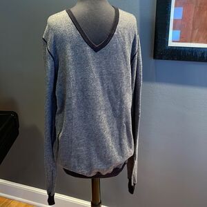 Egara navy tiny tweed ribbed cuff, hem, V neckline cashmere blend sweater. XLT